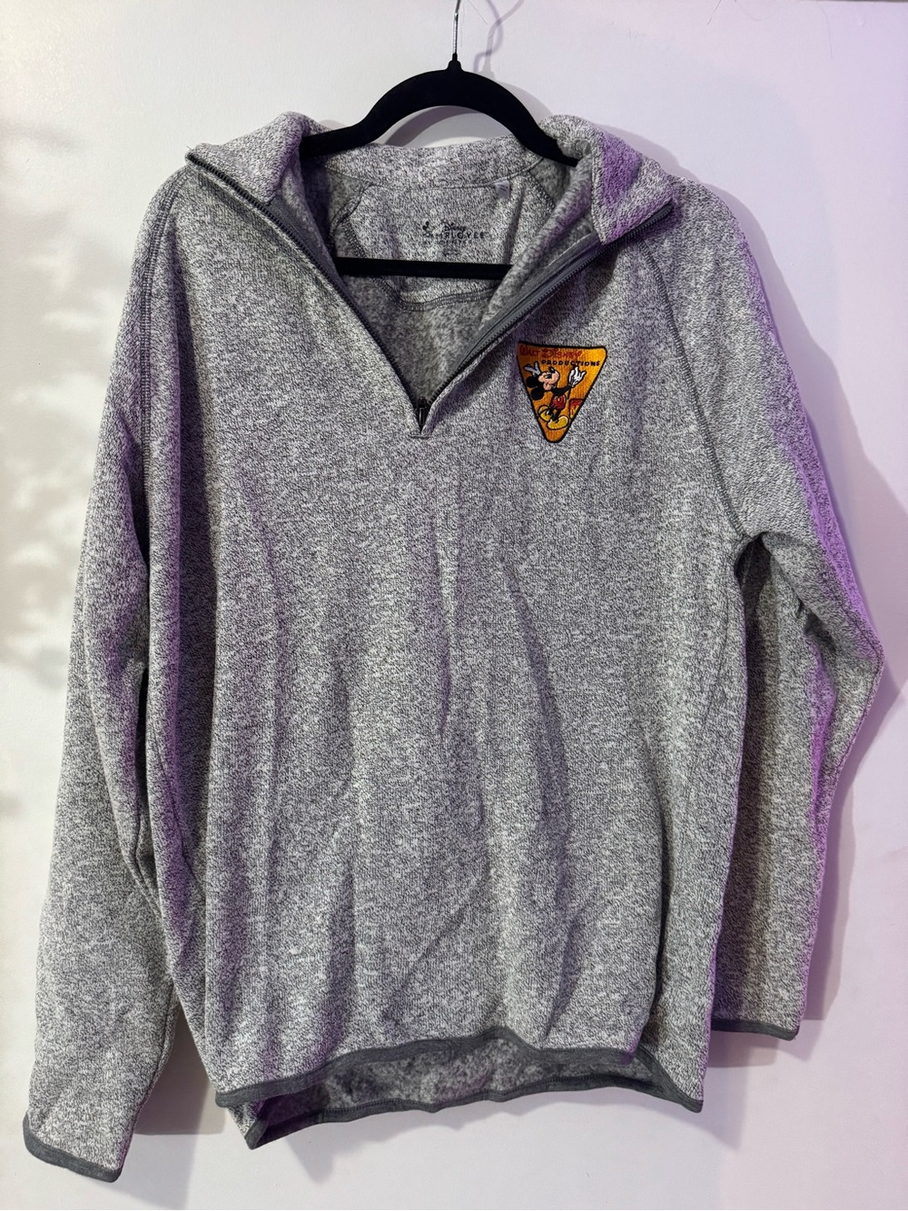 RARE Walt Disney Studio Gray Quarter-Zip Pullover Sweater with Embroidered Patch
